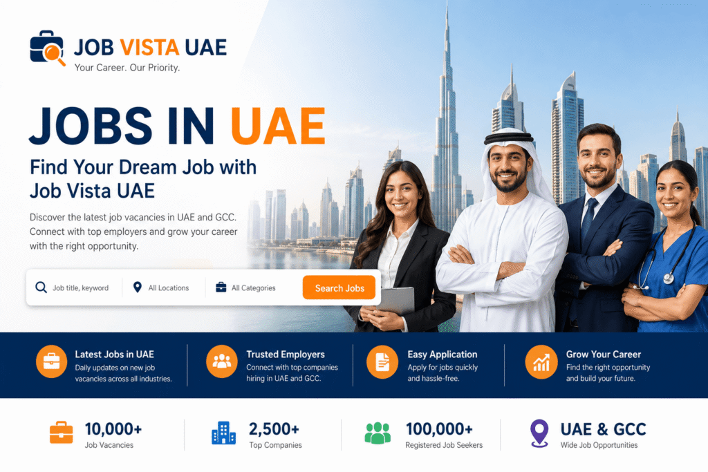 Job Vista UAE homepage banner showing professionals searching for jobs in UAE and GCC countries.