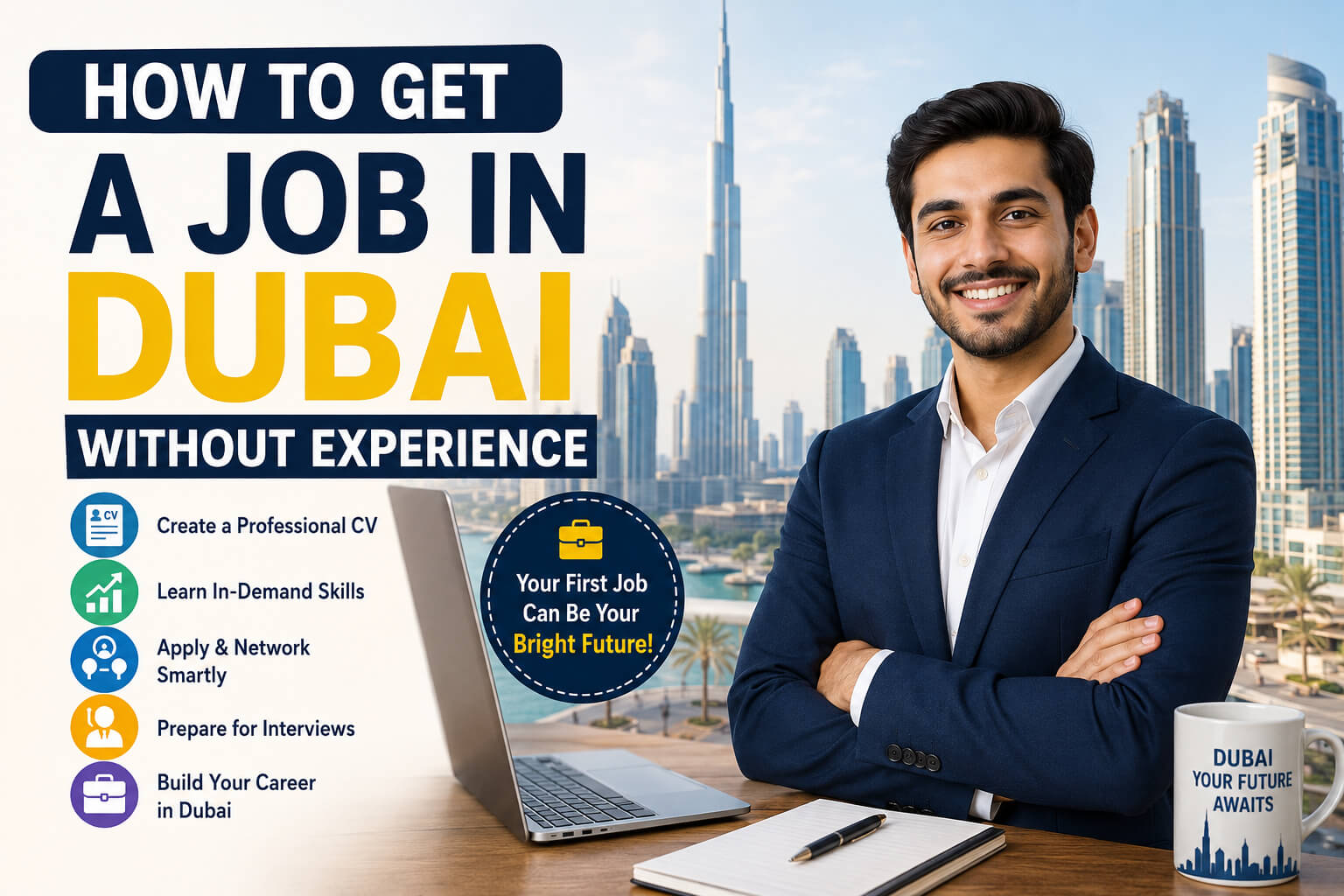 How to get a job in Dubai without experience guide showing a young professional with the Dubai skyline and career tips for freshers.