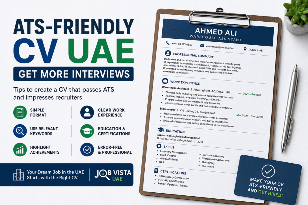 ATS-Friendly CV UAE guide showing resume tips, ATS keywords, and professional formatting to help job seekers get more interviews in the UAE.