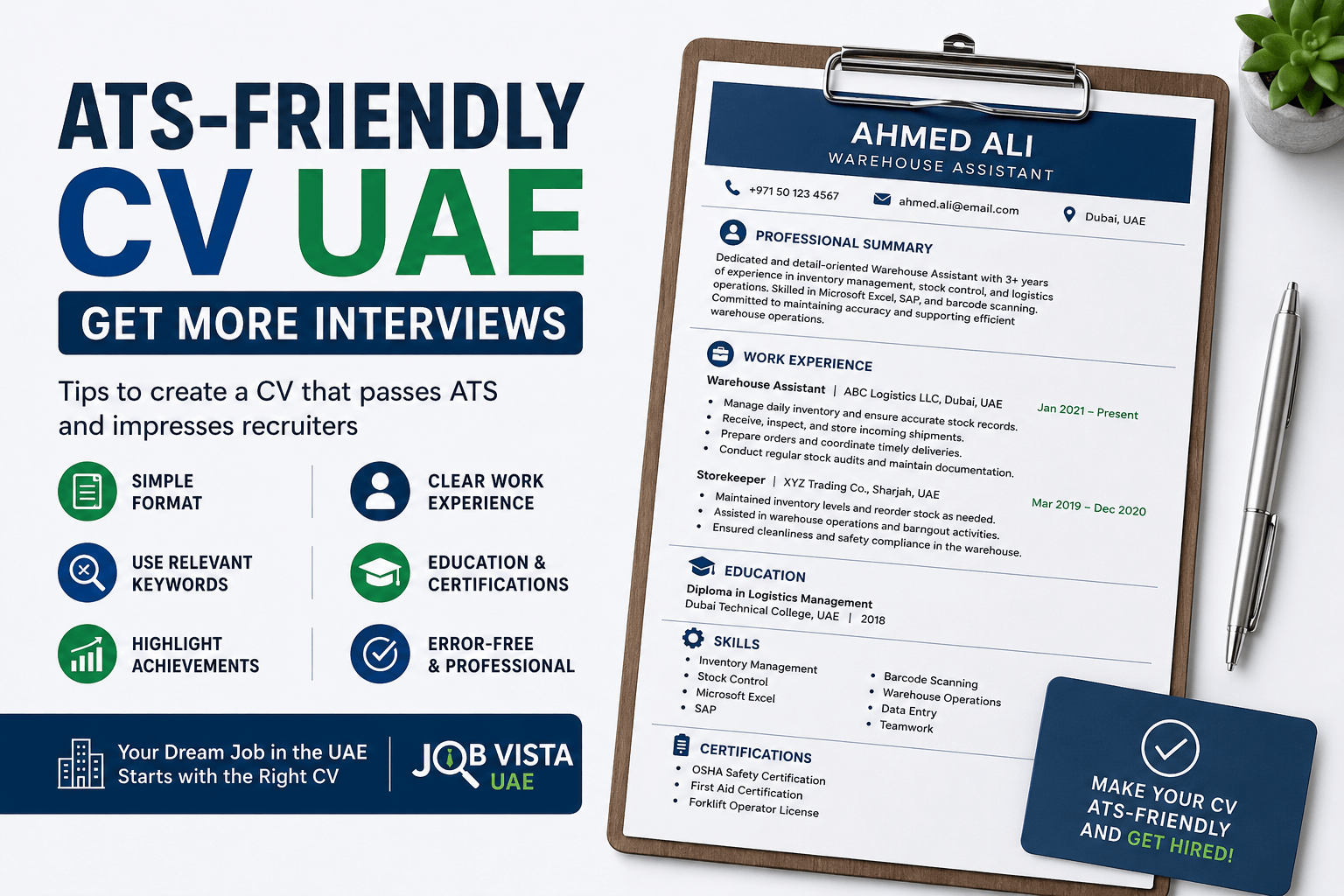 ATS-Friendly CV UAE guide showing resume tips, ATS keywords, and professional formatting to help job seekers get more interviews in the UAE.