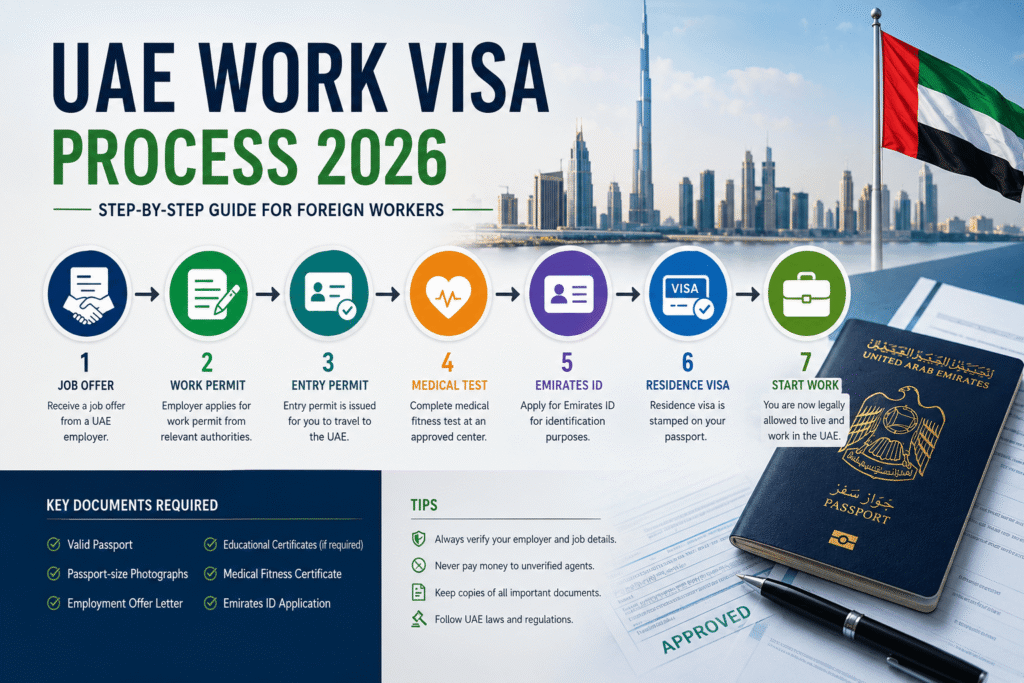 UAE Work Visa Process 2026 step-by-step guide showing work permit, entry permit, medical test, Emirates ID, residence visa, and employment process for foreign workers.