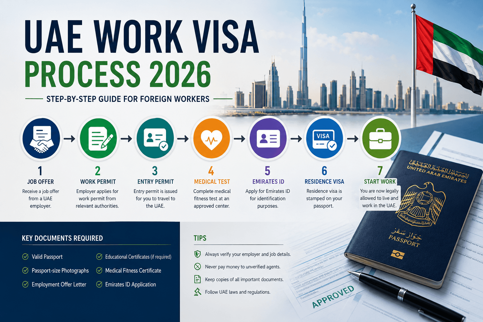 UAE Work Visa Process 2026 step-by-step guide showing work permit, entry permit, medical test, Emirates ID, residence visa, and employment process for foreign workers.