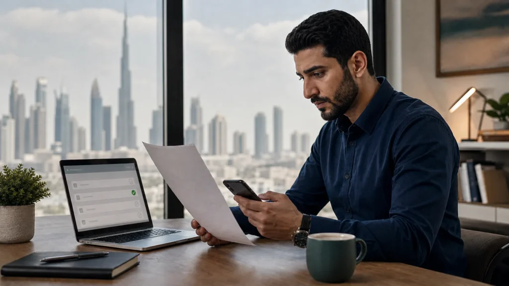 Job seeker using a laptop and phone to verify a UAE employment offer.
