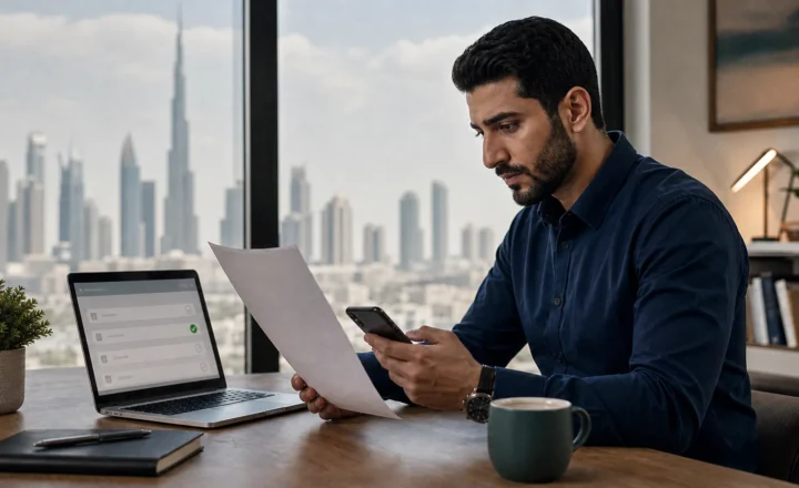 Job seeker using a laptop and phone to verify a UAE employment offer.