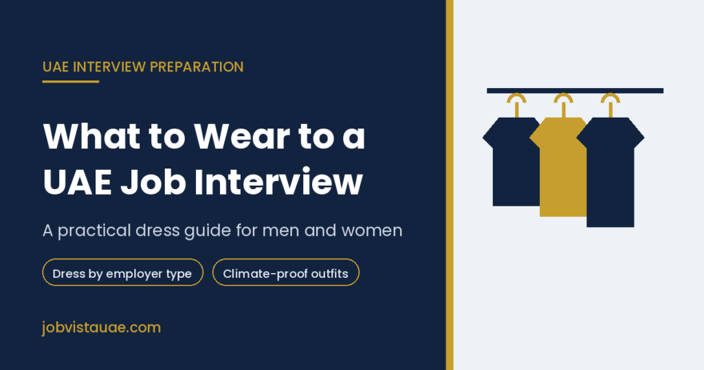 Illustration of formal shirts on a rail beside the title What to Wear to a UAE Job Interview on a navy background