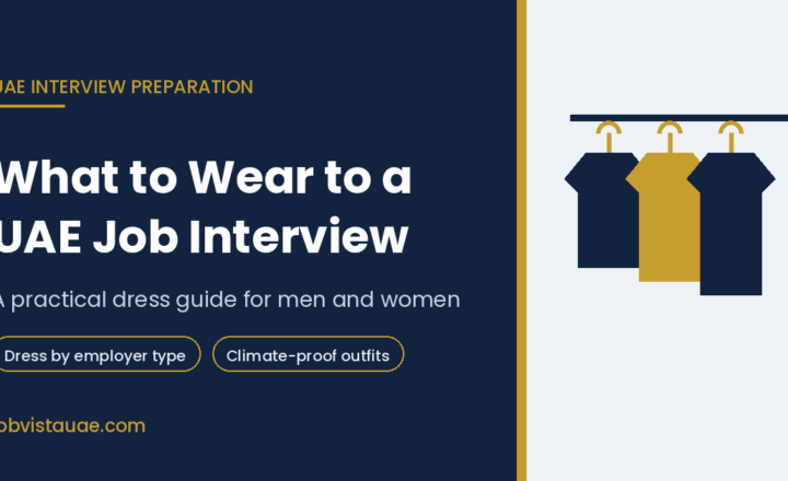 Illustration of formal shirts on a rail beside the title What to Wear to a UAE Job Interview on a navy background