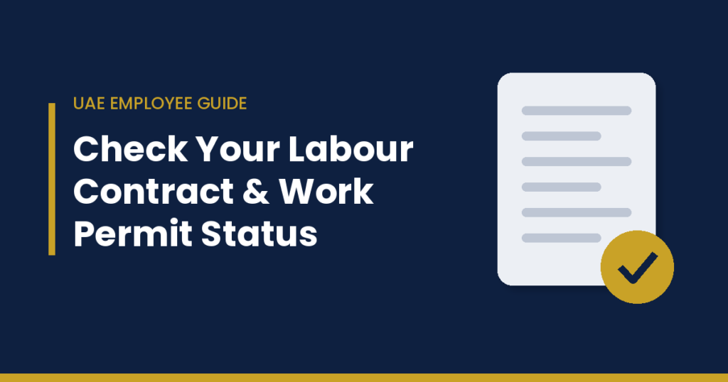 Navy and gold graphic showing a contract document with a gold check mark, titled Check Your Labour Contract and Work Permit Status