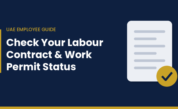 Navy and gold graphic showing a contract document with a gold check mark, titled Check Your Labour Contract and Work Permit Status