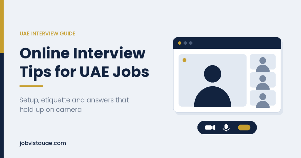 Illustration of a video call window with a candidate on screen, representing online interview preparation for UAE jobs