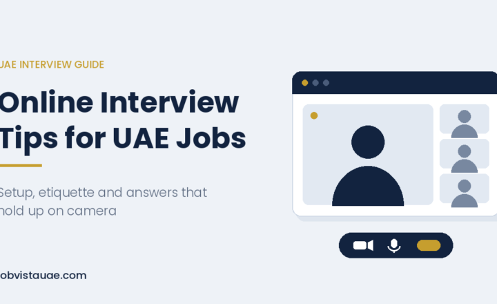 Illustration of a video call window with a candidate on screen, representing online interview preparation for UAE jobs