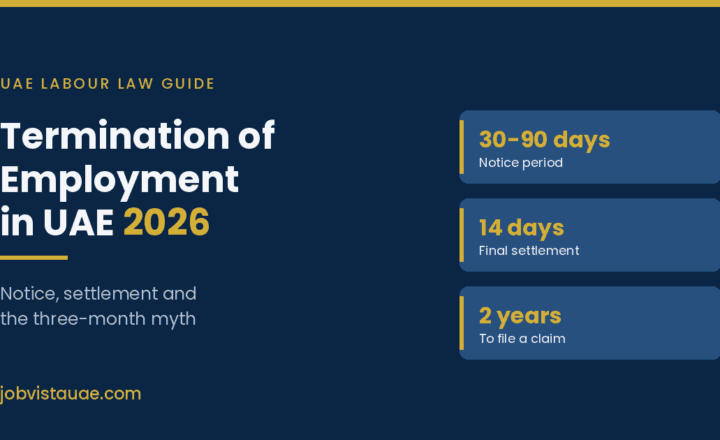 Termination of employment in UAE guide graphic showing the 30 to 90 day notice period, the 14 day final settlement deadline, and the two year deadline to file a claim