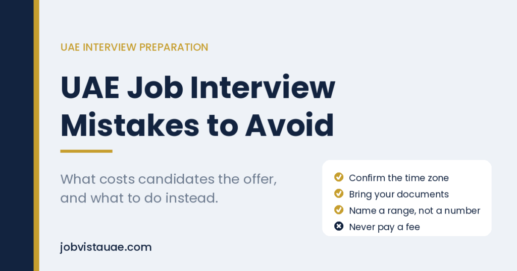 "Checklist graphic listing four things to get right before a UAE job interview, on a JobVista UAE branded background."