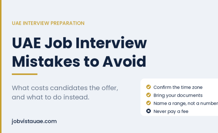 "Checklist graphic listing four things to get right before a UAE job interview, on a JobVista UAE branded background."