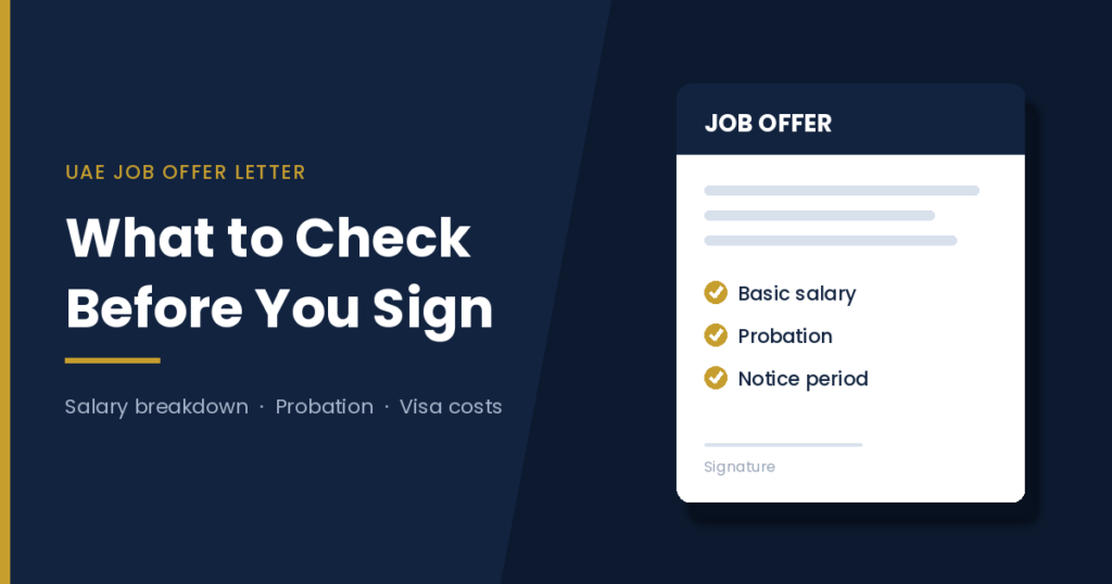 Illustration of a UAE job offer letter with basic salary, probation and notice period marked for review before signing