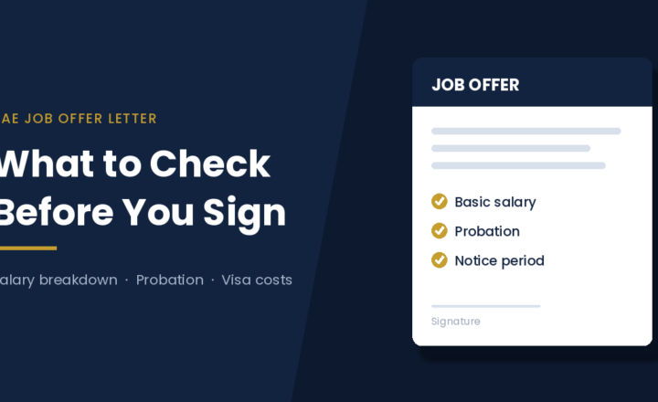 Illustration of a UAE job offer letter with basic salary, probation and notice period marked for review before signing