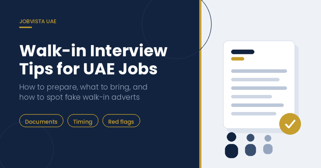 Illustration of a CV document and a queue of candidates representing a walk-in interview in the UAE