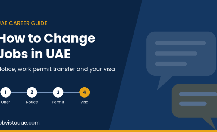 How to change jobs in UAE guide graphic showing four steps: offer, notice, work permit transfer and visa