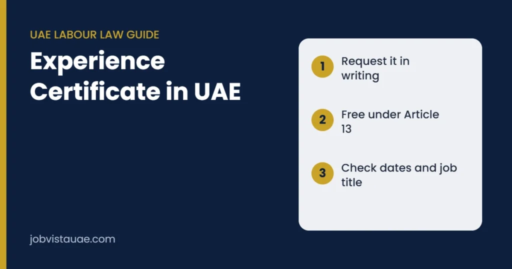 Experience certificate in UAE guide: request it in writing, it is free under Article 13 of the Labour Law, and check the dates and job title