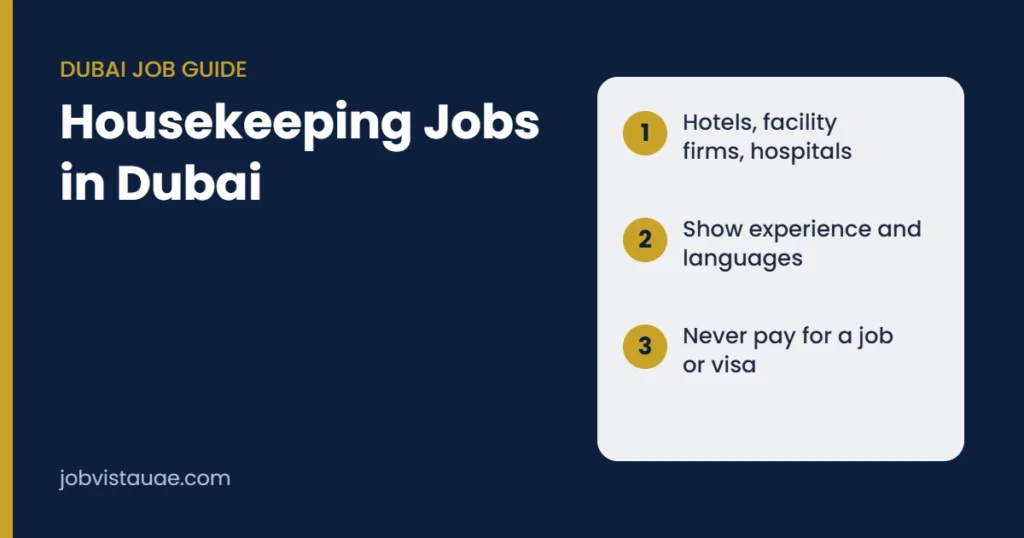 Housekeeping jobs in Dubai guide: hotels, facility management companies and hospitals hire, show your experience and languages, and never pay for a job or visa