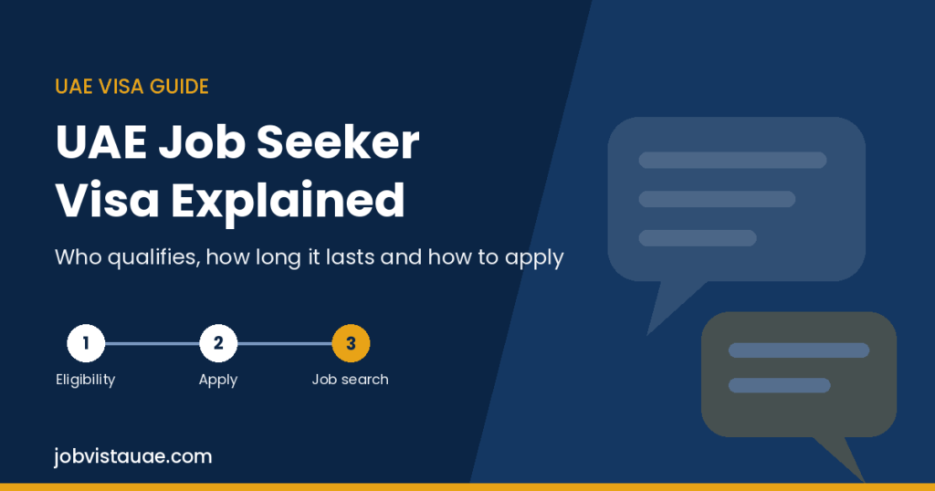 UAE job seeker visa guide graphic showing three steps: check eligibility, apply, and start your job search