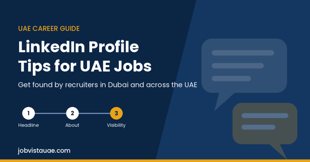 LinkedIn profile tips for UAE jobs graphic showing three steps: headline, About section and visibility to recruiters