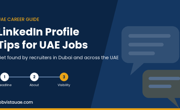LinkedIn profile tips for UAE jobs graphic showing three steps: headline, About section and visibility to recruiters