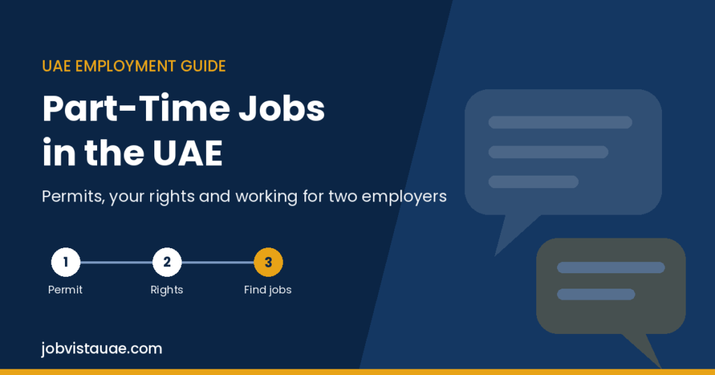 Part-time jobs in UAE guide graphic showing three steps: get the permit, know your rights, and find genuine jobs