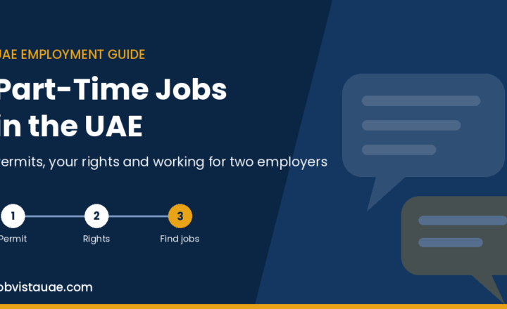 Part-time jobs in UAE guide graphic showing three steps: get the permit, know your rights, and find genuine jobs