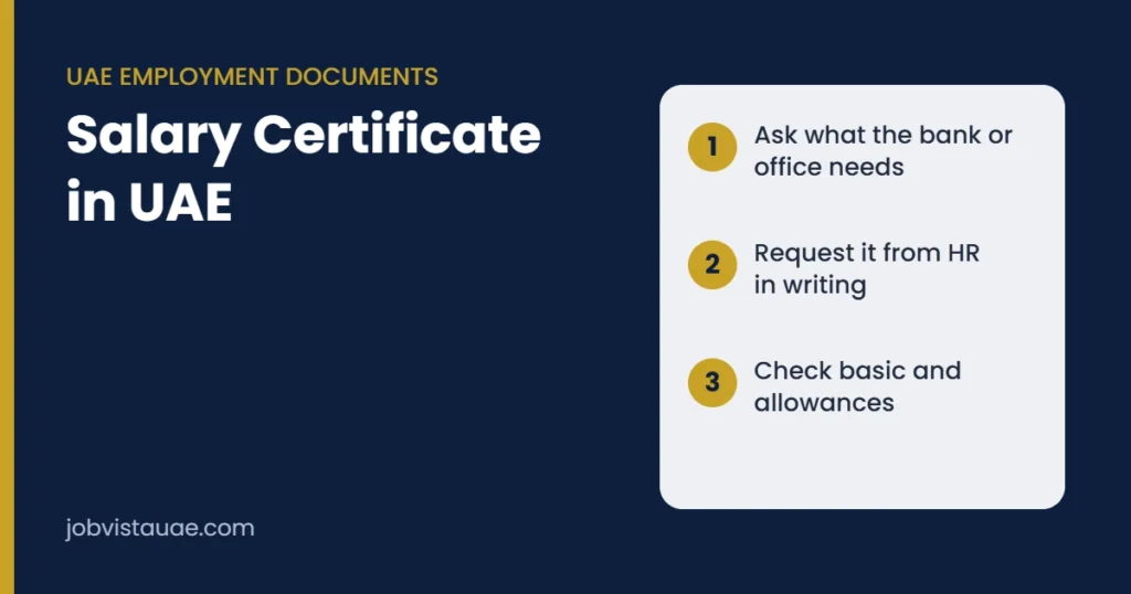 Salary certificate in UAE guide: check what the bank or office needs, request it from HR in writing, and check basic salary and allowances