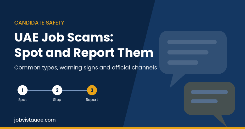 UAE job scams guide graphic showing three steps: spot the scam, stop contact and payments, and report it through official channels