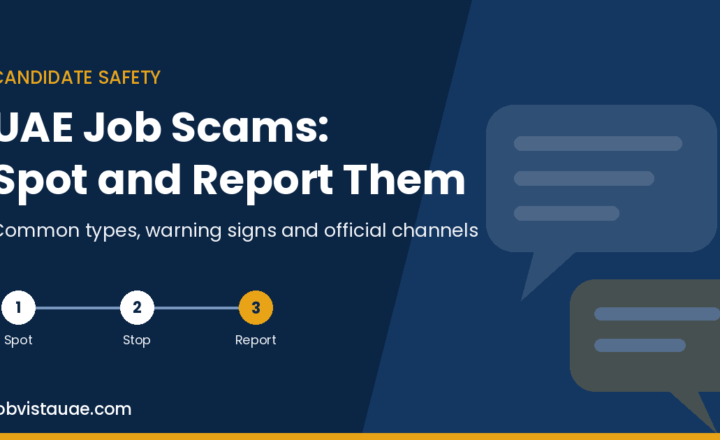 UAE job scams guide graphic showing three steps: spot the scam, stop contact and payments, and report it through official channels